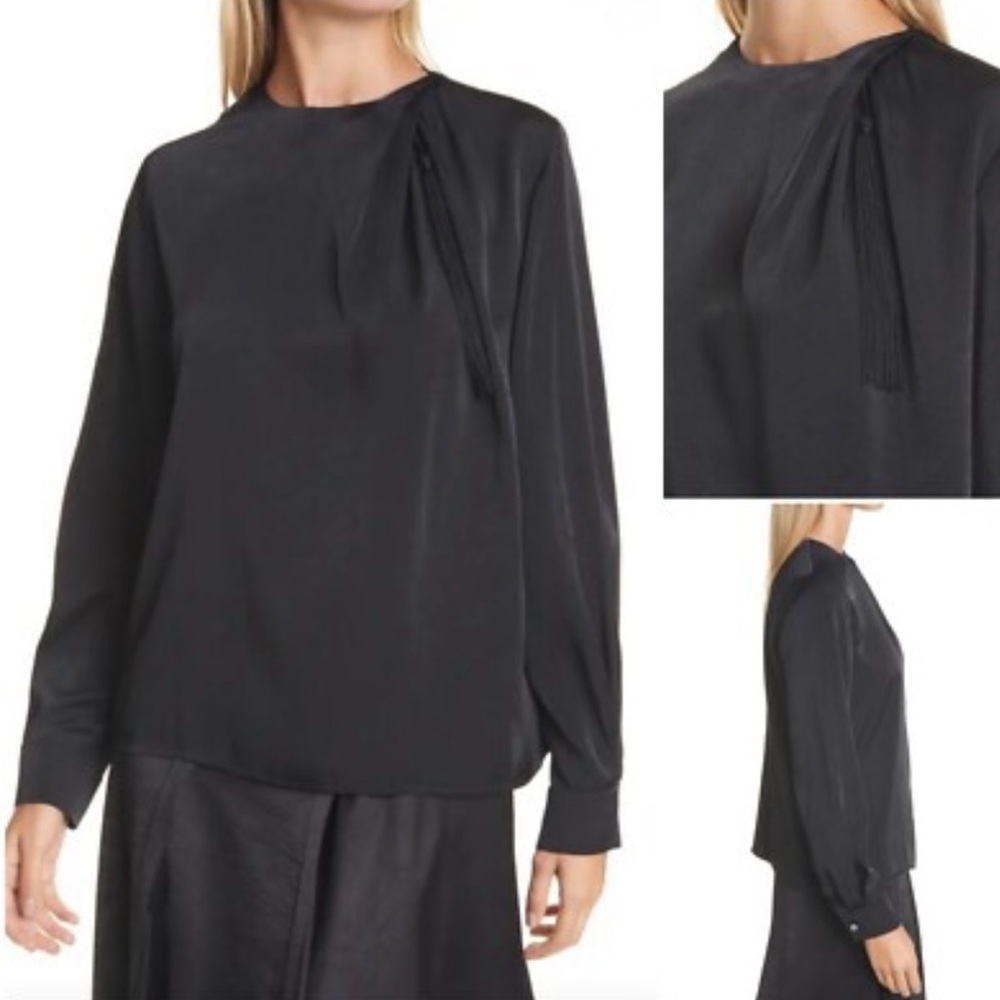 Vince Tassel Button Cuff Blouse Black Sz 8 Casual Contemporary Lightweight